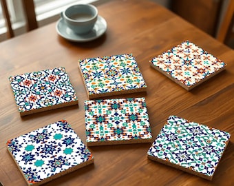 Moroccan Tile Coasters Set – Colorful Moorish-Style Drink Coasters with Cork Backing, Perfect for Mediterranean Decor & Gifts