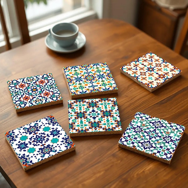 Moroccan Tile Coasters Set – Colorful Moorish-Style Drink Coasters with Cork Backing, Perfect for Mediterranean Decor & Gifts