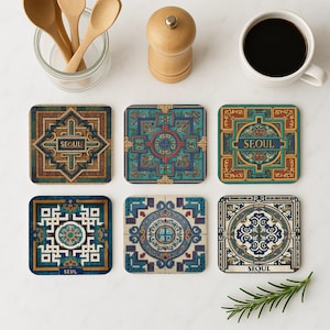 Seoul Coaster Set • Korean Traditional Pattern Coasters • Hanok Architecture Gift • Korean Wedding Favor or Modern Table Decor