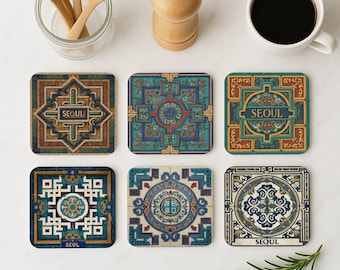 Seoul Coaster Set • Korean Traditional Pattern Coasters • Hanok Architecture Gift • Korean Wedding Favor or Modern Table Decor