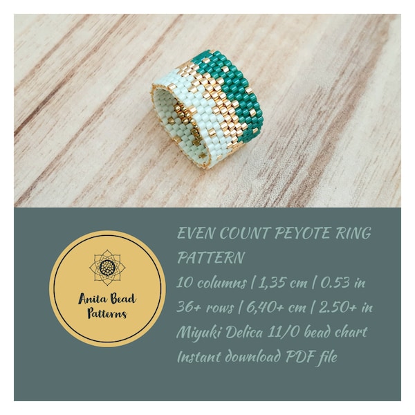 Green Shadows Peyote Ring Pattern, Even Count Peyote Pattern, Miyuki Delica Ring, PDF Instant Download