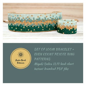 Green Shadows Set made of Loom Bracelet and Even Count Peyote Ring Patterns, Miyuki Delica, PDF Instant Download