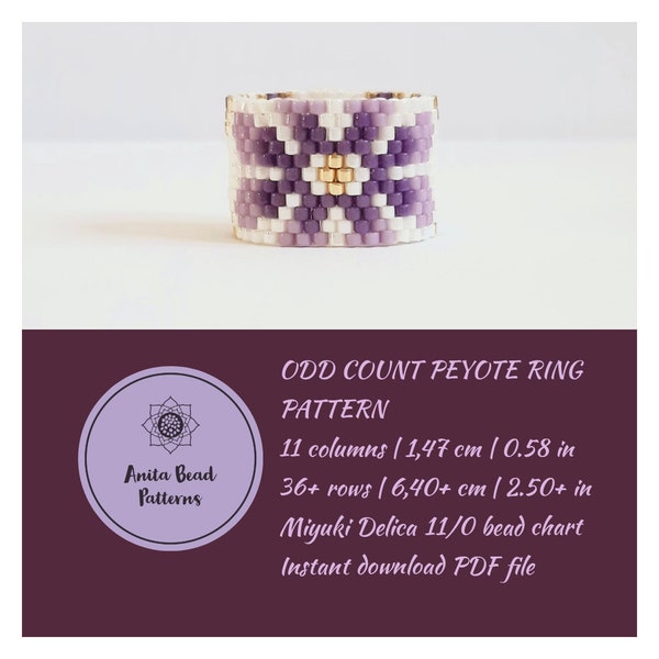 Purple Flowers Peyote Ring Pattern, Odd Count Peyote Pattern, Miyuki Delica Ring, PDF Instant Download