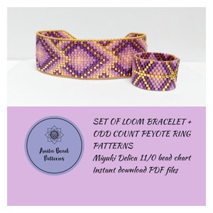 May include: A set of beading patterns for a loom bracelet and a peyote stitch ring. The patterns are for Miyuki Delica 11/0 beads and are available as instant download PDF files.