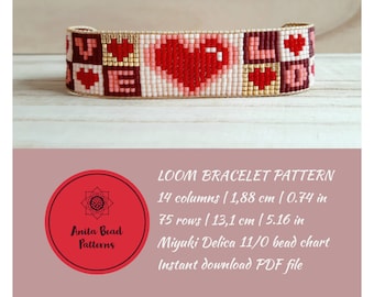 Patrón de pulsera de cuentas con corazones: Miyuki Delica (Descarga PDF)