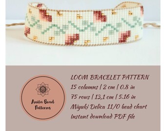 May include: A loom bracelet pattern featuring a floral design with red, pink, green, and gold beads. The pattern is for a 15 column, 75 row bracelet, measuring 2 inches wide and 5.16 inches long. The pattern is for Miyuki Delica 11/0 beads and is available as an instant download PDF file.