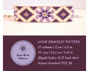 Purple Flower Loom Bracelet Pattern: Miyuki Delica (PDF Download)