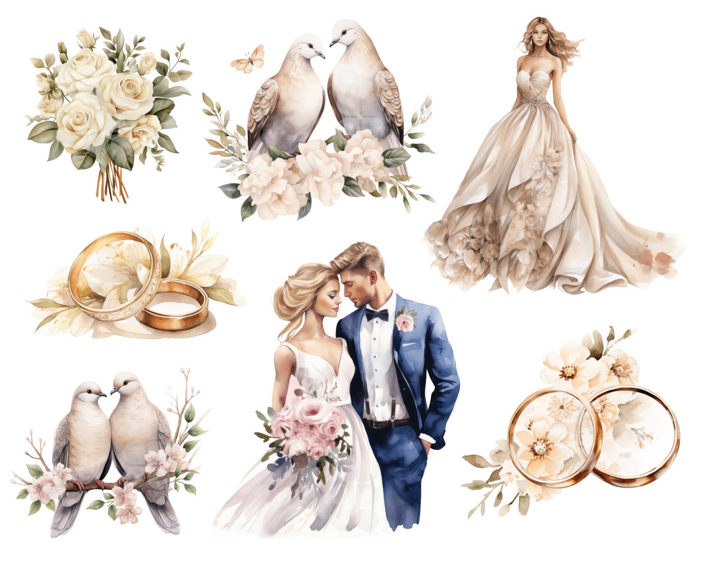 Elegant Wedding Clipart Pack: 20 Romantic Watercolor Dove - Etsy