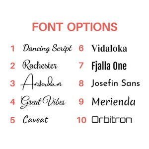 May include: A list of ten font options labeled with numbers one through ten. The text includes the heading FONT OPTIONS in red, followed by the names Dancing Script, Rochester, Amsterdam, Great Vibes, Caveat, Vidaloka, Fjalla One, Josefin Sans, Merienda, and Orbitron in black.