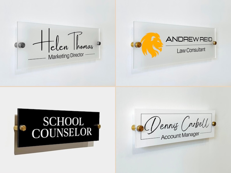 May include: Four rectangular office door signs mounted with gold-toned hardware. The signs feature names and titles including Helen Thomas Marketing Director, Andrew Reid Law Consultant with a lion logo, School Counselor, and Dennis Carbell Account Manager.