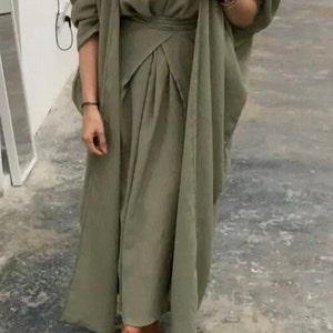 3-Piece Linen Blend Abaya Set | Abaya Cardigan, Long-Sleeved Dress, and Inner Skirt