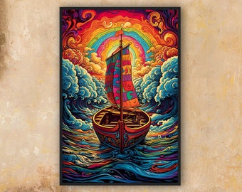 Trip To Sea (Trippy Wall Art, Psychedelic Art, Retro Surreal Art, Vintage Wall Print, Colorful, Psychedelic Poster, Sailing, Sea, Sailboat)