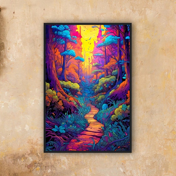 The Path (Trippy Wall Art, Art psychédélique, Art surréaliste rétro, impression murale vintage, coloré, affiche psychédélique, forêt, chemin, nature, années 70)