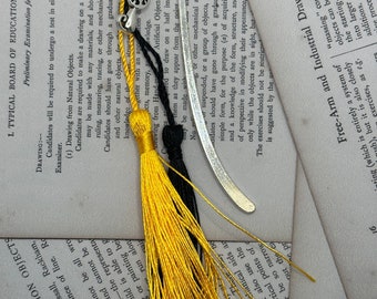 Tiny cat bookmark with black  and yellow tassels. Handmade.