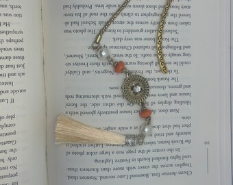 Gold, pearl, orange and cream colored tassel princess bookmark. Gold bookhook. Handmade.