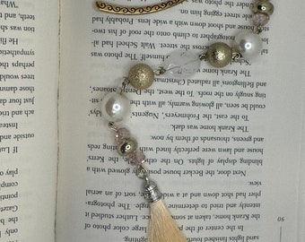 Gold, pearl and cream colored  tassel princess bookmark. Gold bookhook. Handmade.