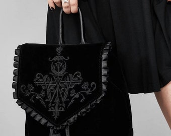 Vintage Embroidered Backpack, Y2K Design Storage Backpack With Lace Decor, Stylish Women's Bag, goth, velvet, velvet, handmade, leather