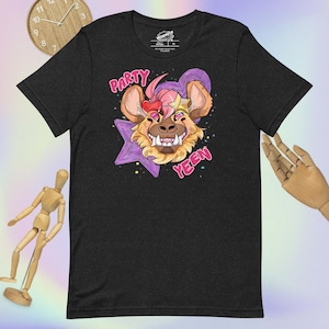 May include: Black t-shirt featuring a cartoon hyena wearing a pink and purple star with the text "Party Yeen" on it.