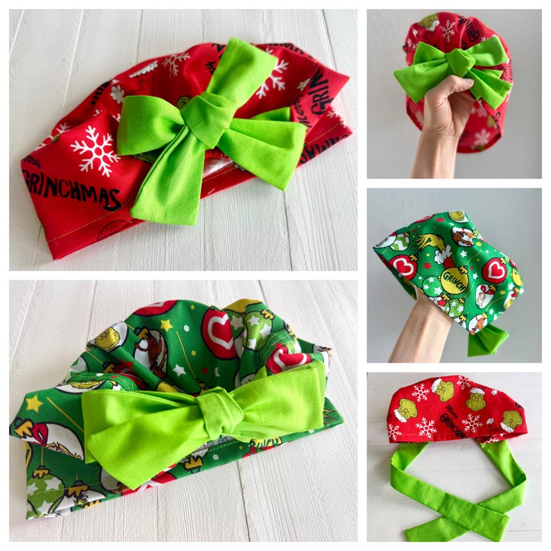 May include: Red and green Christmas-themed scrub caps with a large green bow. One cap features snowflakes and the text "GRINCHMAS", while another has Grinch characters and ornaments. The caps are designed for medical professionals.