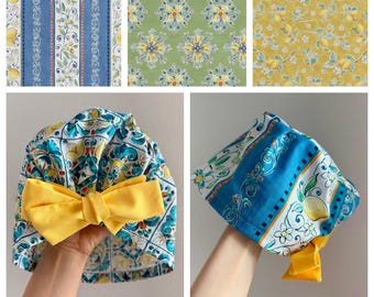 Mediterranean Tiles and Medallions Print Scrub Cap: Euro Style Cotton Fashion Scrub Hat