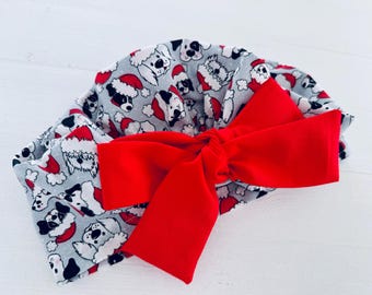 Santa Paws Dog Print Fashion Scrub Cap: Christmas Vet Tech Hat with Bow