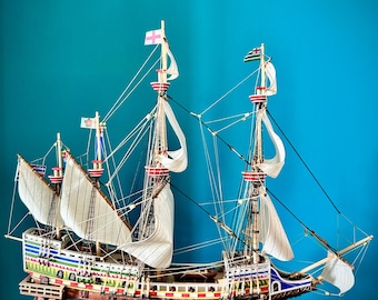 HMS REVENGE, an English galleon from 1577 - a wooden model of the ship. A historic sailing ship.