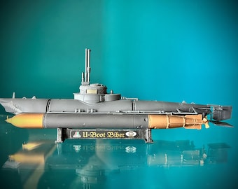 German Biber Midget Submarine model. 1:35 Italeri Ready plastic model at the shipyard. U-Boat WWII Kriegsmarine