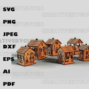 Christmas House Lantern SVG Set Laser Cut Holiday Decoration Festive Wooden Ornament Templates Winter Village Silhouette 3D Xmas Decor Files