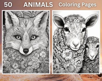 50 Animals Coloring Pages | Printable Coloring Book | Adult Coloring | Fantasy Coloring Pages for Adults | Digital Product |