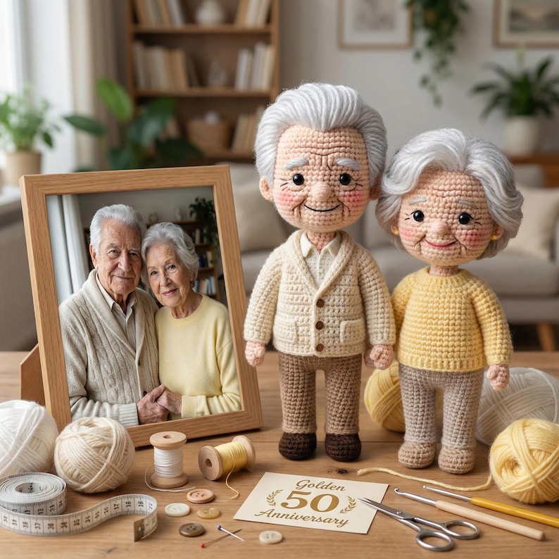 May include: A wooden table displays a framed photo of an elderly couple, alongside crocheted dolls of an elderly man and woman. The dolls wear cream and yellow sweaters. Yarn, sewing notions, and a card that reads "Golden 50 Anniversary" are also present.