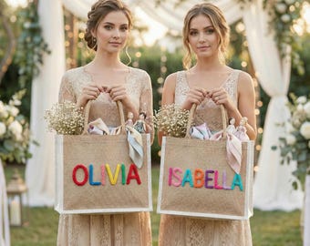 Custom Burlap Bag, Personalized Yarn Letter Gift Bag, Handmade Bridesmaid Wedding Bag, Crochet Name Jute Bag, Bachelorette Party Favor