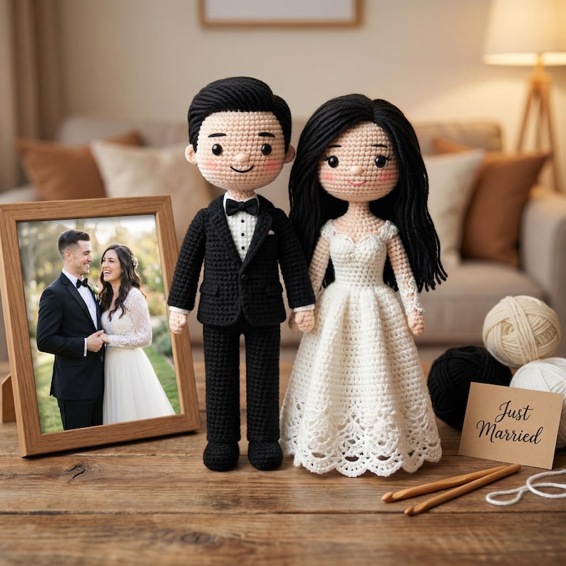 May include: Crocheted bride and groom dolls, the groom in a black tuxedo and the bride in a white wedding dress, stand together. A framed photo of a couple and a card that says "Just Married" are also present. Yarn and crochet hooks are nearby.