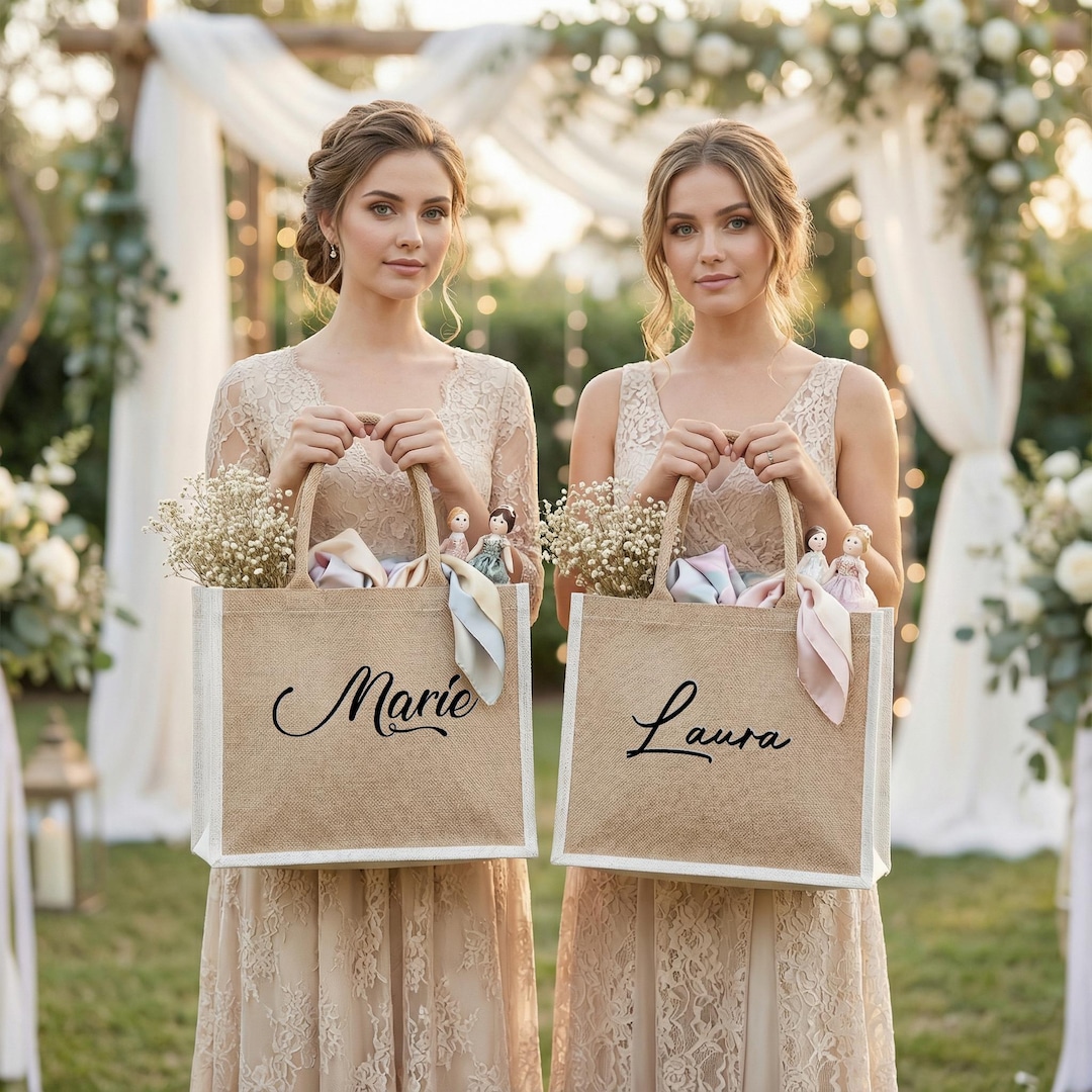 Custom Burlap Bag, Bridesmaid Gift Bags, Personalized Monogram Jute ...