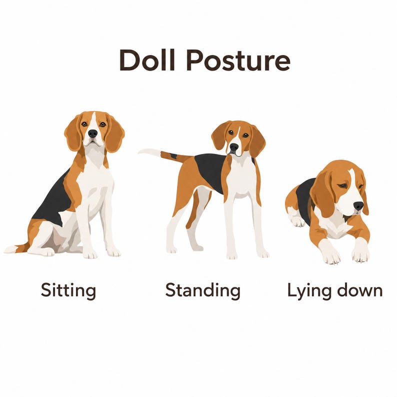 May include: An illustration titled Doll Posture showing three beagle dogs in different positions. The first is sitting, the second is standing, and the third is lying down. Each dog has brown, black, and white fur with floppy ears and a white muzzle.