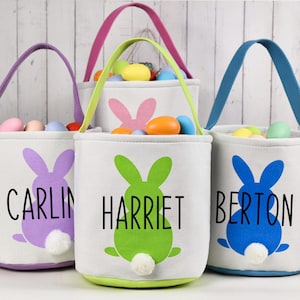 Easter Bunny Basket with Name,Personalized Easter Basket,Easter Bunny Tail Bag,Egg Hunt Bags,Boy Girls Easter Bucket,Easter Gift for Kids