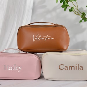 Trousse de maquillage personnalisée en cuir,Trousse à maquillage brodée personnalisée,Grande trousse de maquillage de voyage,Cadeaux de demoiselle d'honneur,Cadeaux de mariage,Cadeaux d'anniversaire