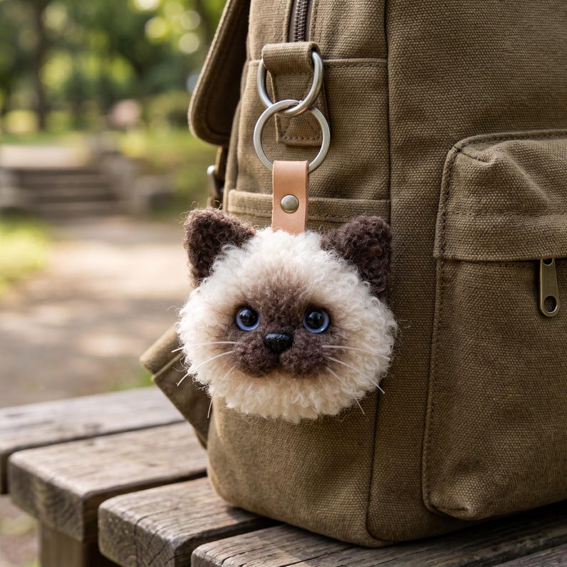 May include: A fluffy, needle-felted Siamese cat head keychain with dark brown ears and muzzle, cream-colored fur, and bright blue eyes. The cat head is attached to a silver metal split ring by a light tan leather strap, hanging from a brown canvas backpack.