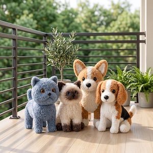 May include: A collection of four plush animal toys including a blue cat, a cream and brown Siamese cat, a tan and white Corgi, and a brown, white, and black Beagle dog, all featuring a textured, curly fabric finish and dark plastic eyes.