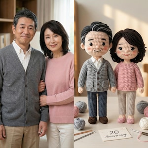 May include: A photograph of a smiling older couple next to two crocheted dolls. The dolls are dressed in matching outfits, with the male doll wearing a gray cardigan and the female doll wearing a pink sweater. A card reads "20 Anniversary".