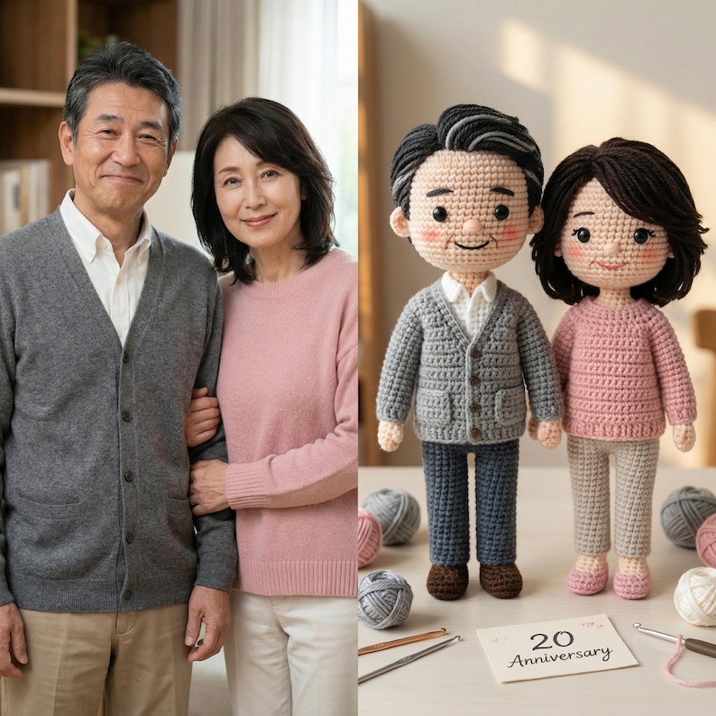 May include: A photograph of a smiling older couple next to two crocheted dolls. The dolls are dressed in matching outfits, with the male doll wearing a gray cardigan and the female doll wearing a pink sweater. A card reads "20 Anniversary".