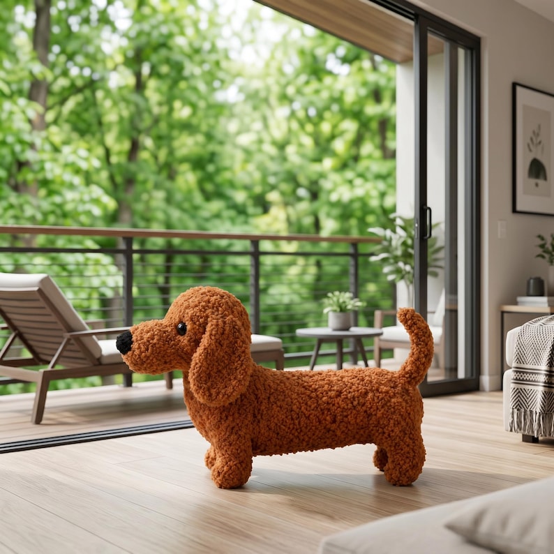 May include: A plush, textured, rust-colored dachshund figurine with a black nose and dark eyes. The dog stands on four short legs with a long body and a curved tail, crafted from a soft, curly fabric material that gives it a fuzzy appearance.