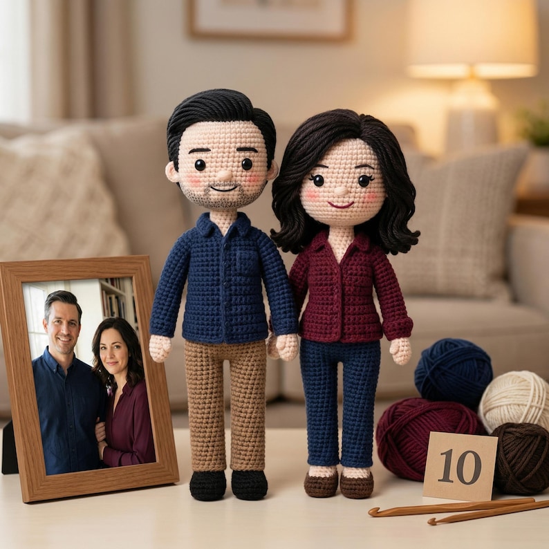 May include: Two crocheted dolls of a couple, standing side-by-side, with a framed photo of the couple. The dolls are wearing blue and burgundy shirts and pants. Yarn balls and crochet hooks are also visible.