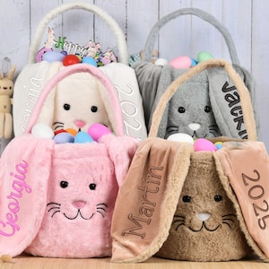 Personalisierter Plüsch-Osterkorb, benutzerdefinierter Häschenkorb, gestickter Ostereimer mit Namen, Ostereiersuche, Ostergeschenkdekor für Jungen und Mädchen