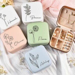 Benutzerdefinierte Reise Schmuckschatulle, Brautjungfern Schmuckschatulle, Reise Schmuckschatulle, Brautjungfer Geschenkbox, Geburtsblume Schmuck Organizer, Weihnachtsgeschenke