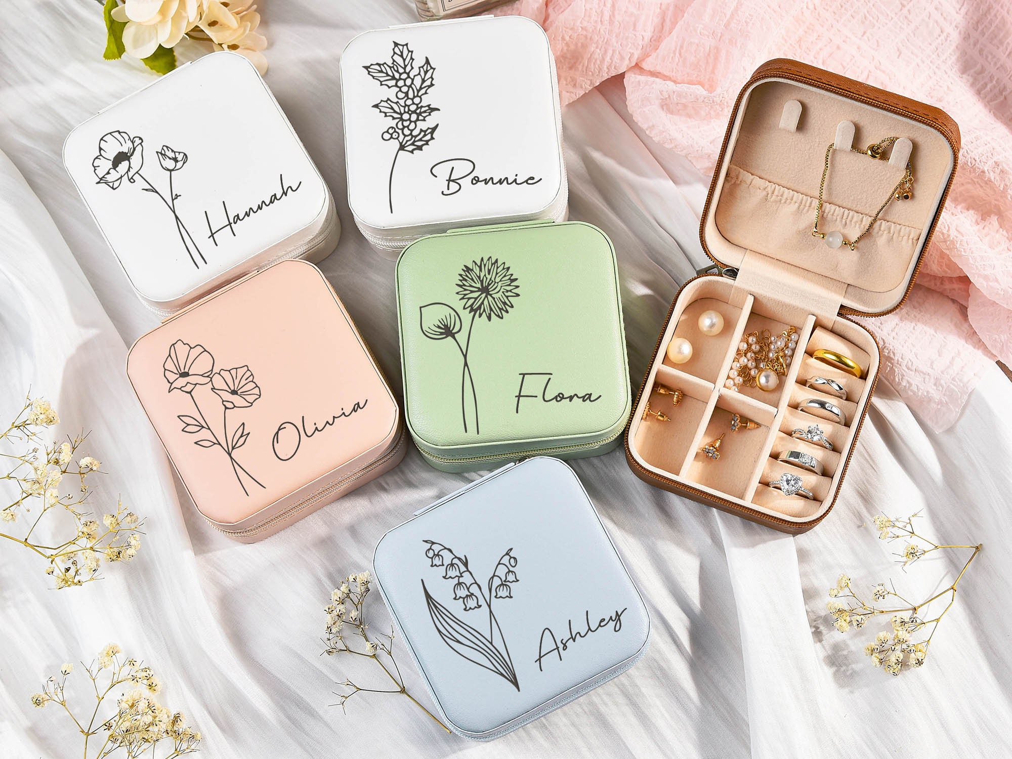 Personalized Travel Jewelry Box With Birth Flower & Name – Custom Gift For Women, Bridesmaids, Mom, Wife