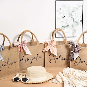 Burlap bag With Name Scarf,Personalized Bridesmaid Burlap Bag,Beach Tote Bag,Bridesmaid gift bag,Bachelorette Party Bag ,Bridesmaid Proposal