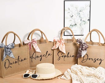 Burlap bag With Name Scarf,Personalized Bridesmaid Burlap Bag,Beach Tote Bag,Bridesmaid gift bag,Bachelorette Party Bag ,Bridesmaid Proposal
