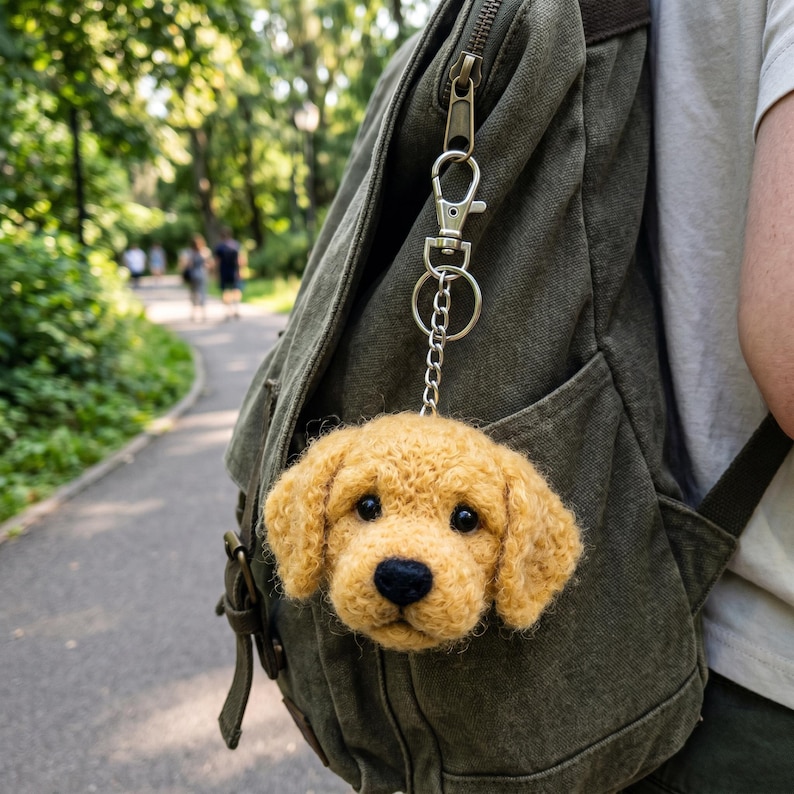 May include: A golden-colored, textured dog head keychain attached to a silver-toned metal lobster clasp and chain. The dog features dark, round eyes and a black nose, crafted with a fuzzy, yarn-like appearance, hanging from a dark olive green backpack.