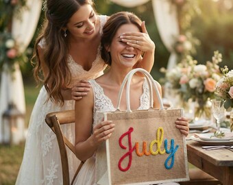 Custom Burlap Bag, Personalized Yarn Letter Gift Bag, Handmade Bridesmaid Wedding Bag, Crochet Name Jute Bag, Bachelorette Party Favor