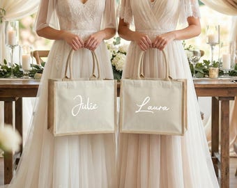 Personalized Burlap Bag, Bridesmaid Gift Bags, Custom Name Jute Bags, Wedding Favors, Bachelorette Party Bag, Eco-Friendly Two Tone Tote